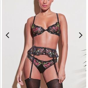 Fleur Du Mal Butterfly Silk lingerie set (bra, thong, garters)